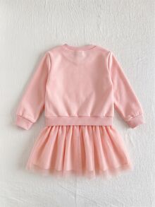 SHEIN Playful Pals 1件少女款甜美可愛棕熊貼花網紗芭蕾舞裙，蝴蝶結下擺長袖圓領常規版生日派對秋季舒適套頭式洋裝 - 粉色 - 查看 2