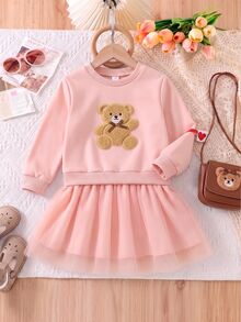 SHEIN Playful Pals 1件少女款甜美可愛棕熊貼花網紗芭蕾舞裙，蝴蝶結下擺長袖圓領常規版生日派對秋季舒適套頭式洋裝 - 粉色 - 查看 4