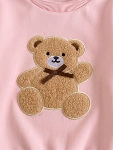 SHEIN Playful Pals 1件少女款甜美可愛棕熊貼花網紗芭蕾舞裙，蝴蝶結下擺長袖圓領常規版生日派對秋季舒適套頭式洋裝 - 粉色 - 查看 6