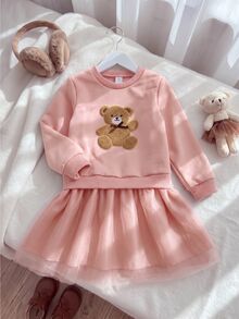 SHEIN Playful Pals 1件少女款甜美可愛棕熊貼花網紗芭蕾舞裙，蝴蝶結下擺長袖圓領常規版生日派對秋季舒適套頭式洋裝 - 粉色 - 查看 5
