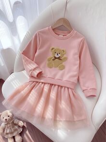 SHEIN Playful Pals 1件少女款甜美可愛棕熊貼花網紗芭蕾舞裙，蝴蝶結下擺長袖圓領常規版生日派對秋季舒適套頭式洋裝 - 粉色 - 查看 1