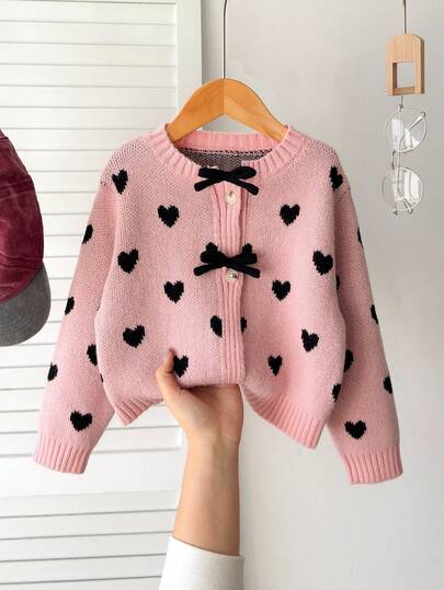SHEIN Playful Pals Cárdigan con lazo de punto grueso para niña, lindo y minimalista, para otoño/invierno