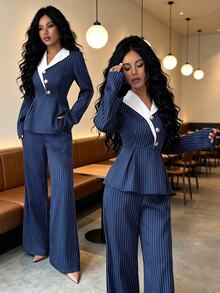 Elenzga Women's Striped Colorblock Design Collar & Straight Leg Pants Suit 2 Pieces Set, Office Casual Elegant Outfit, Party Gathering, Wedding Reception - Multicolor - View 6