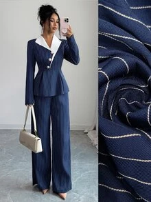 Elenzga Women's Striped Colorblock Design Collar & Straight Leg Pants Suit 2 Pieces Set, Office Casual Elegant Outfit, Party Gathering, Wedding Reception - Multicolor - View 4