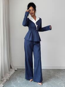 Elenzga Women's Striped Colorblock Design Collar & Straight Leg Pants Suit 2 Pieces Set, Office Casual Elegant Outfit, Party Gathering, Wedding Reception - Multicolor - View 10