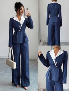 Elenzga Women's Striped Colorblock Design Collar & Straight Leg Pants Suit 2 Pieces Set, Office Casual Elegant Outfit, Party Gathering, Wedding Reception - Multicolor - View 3