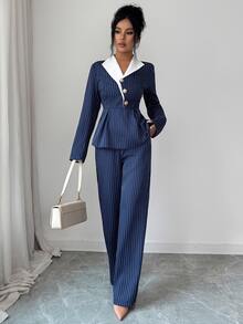Elenzga Women's Striped Colorblock Design Collar & Straight Leg Pants Suit 2 Pieces Set, Office Casual Elegant Outfit, Party Gathering, Wedding Reception - Multicolor - View 5