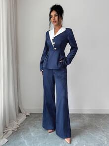 Elenzga Women's Striped Colorblock Design Collar & Straight Leg Pants Suit 2 Pieces Set, Office Casual Elegant Outfit, Party Gathering, Wedding Reception - Multicolor - View 9
