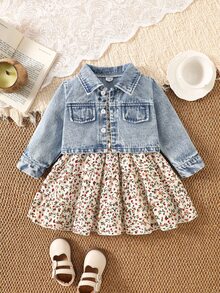 SHEIN Playful Pals 2件組幼女牛仔夾克洋裝，可愛甜美藍色米色花卉印花荷葉邊長袖翻領常規款，秋季返校嬰兒藍色套裝 - 藍色 - 查看 2