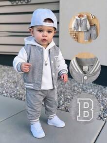 SHEIN Playful Pals 2pcs Toddler Boy Jacket Pants Set Cute Preppy Graphic Cowboy Light Grey Letter B Print Patchwork Striped Long Sleeve Hooded Outdoor Autumn Beach - Army Green - View 3