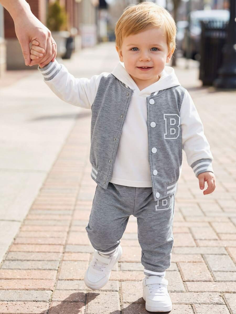 SHEIN Playful Pals 2pcs Toddler Boy Jacket Pants Set Cute Preppy Graphic Cowboy Light Grey Letter B Print Patchwork Striped Long Sleeve Hooded Outdoor Autumn Beach