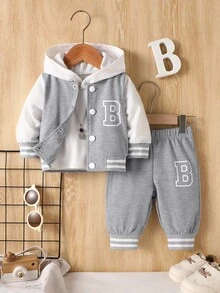 SHEIN Playful Pals 2pcs Toddler Boy Jacket Pants Set Cute Preppy Graphic Cowboy Light Grey Letter B Print Patchwork Striped Long Sleeve Hooded Outdoor Autumn Beach - Army Green - View 5