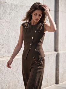 Anewsta Women Two Pieces Outfits Cocktail Dinner Dark Chocolate Elegant Beaded Floral Embellishment - Coffee Brown - View 3