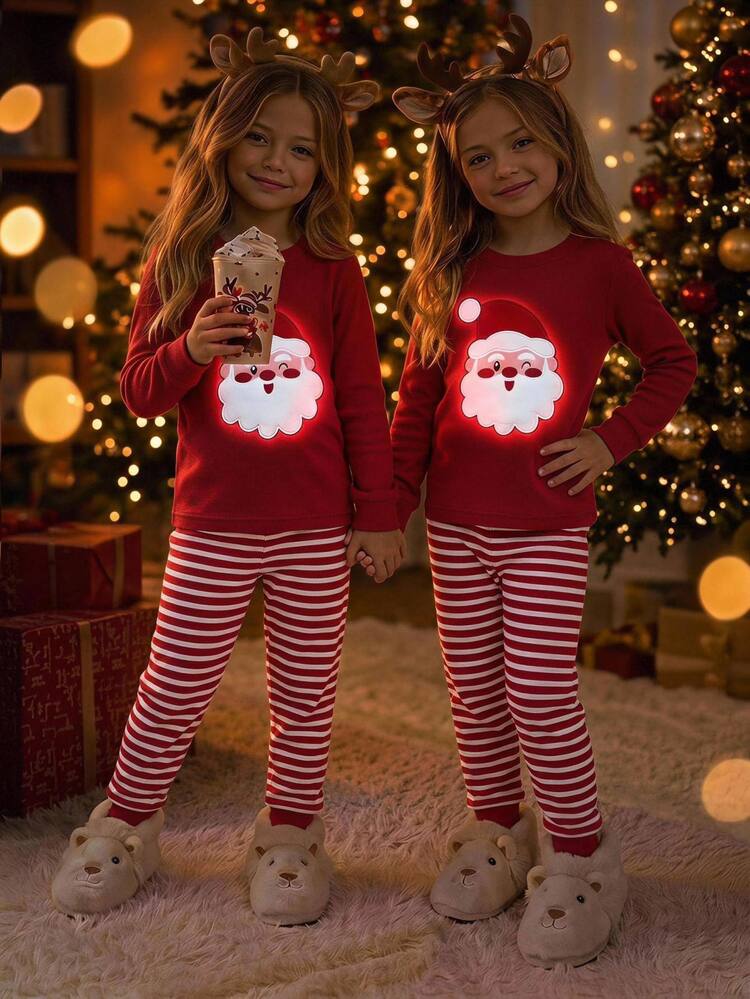 SHEIN Young Girl Young Girls Young Girl Autumn/Winter Christmas Cute Fashion Versatile Party Long Sleeve Long Pants Set, Snug Fit For Daily Wear And Home - Multicolor - View 13