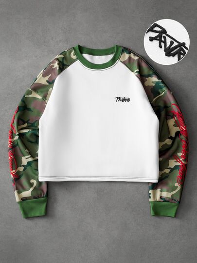 PAVTROS Men's Camouflage Patchwork Letter Print Raglan Sleeve Loose Pullover, Casual Street Style, Personalized, Street Dance, Skateboard, Rap, Graffiti, Loose Fit, Holiday Gift, Unisex, Couple Outfit, Crew Neck Sweatshirt, Sweatshirt