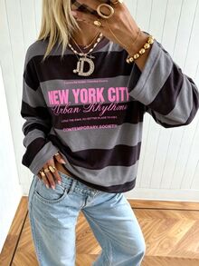 SuriyaCove Women's Letter Print Striped Long Sleeve T-Shirt - Multicolor - View 3