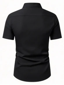 Calvornis Men Solid Button Front Shirt Short Sleeve Up Plain Black Casual Shirt For Boyfriend Gift, Formal, Ceremony - Black - View 2