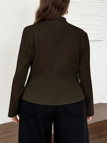 Easowa Curve Plus Size Fashion Vintage Button Decor Blazer Jacket Fall - Coffee Brown - View 2