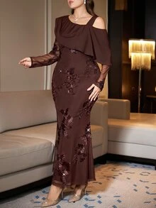 Reflora Plus Size Women Jacquard Elegant Waist-Cinched Party Dress - Brown - View 7