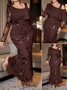 Reflora Plus Size Women Jacquard Elegant Waist-Cinched Party Dress - Brown - View 1