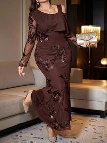Reflora Plus Size Women Jacquard Elegant Waist-Cinched Party Dress - Brown - View 9