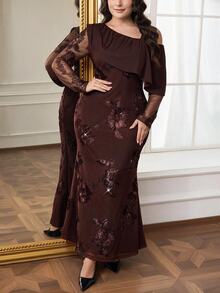 Reflora Plus Size Women Jacquard Elegant Waist-Cinched Party Dress - Brown - View 3