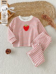 SHEIN 2件組女嬰秋冬紅色條紋圓領長袖T恤，附3D草莓貼布與配套長褲，休閒可愛甜美韓風套裝，適合上學、外出等多種場合 - 紅色 - 查看 2