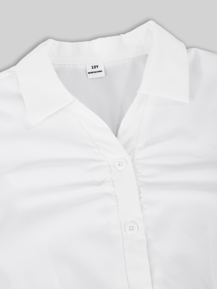 SHEIN Tween Girls Solid Ruched Front Button Up V-Neck Shirt Cute Fall Winter Slim Fit Blouse Minimalist Aesthetic Long Flounce Sleeve School Formal Top - White - View 6