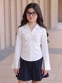 SHEIN Kemeja Remaja Perempuan Polos dengan Detail Kerut di Depan, Kancing Depan, Leher V, Blus Slim Fit Minimalis Estetik Lengan Panjang Bergelombang untuk Acara Sekolah Formal - Putih - View 4