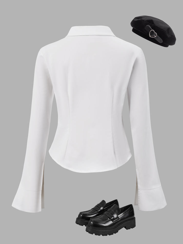 SHEIN Tween Girls Solid Ruched Front Button Up V-Neck Shirt Cute Fall Winter Slim Fit Blouse Minimalist Aesthetic Long Flounce Sleeve School Formal Top - White - View 2