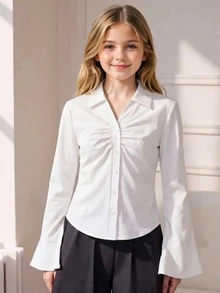 SHEIN Kemeja Remaja Perempuan Polos dengan Detail Kerut di Depan, Kancing Depan, Leher V, Blus Slim Fit Minimalis Estetik Lengan Panjang Bergelombang untuk Acara Sekolah Formal - Putih - View 3
