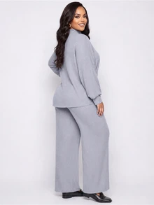 Poshavie Poshavie Plus Size Women's Premium Minimalist Lounge Set, Fashionable Casual Relaxed Outfit, Daily Outings, Shopping And Commuting Formal Grey Autumn - Grey - View 2