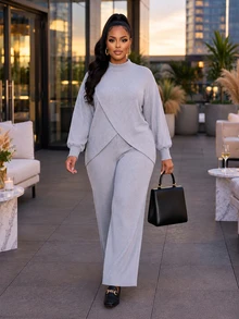 Poshavie Poshavie Plus Size Women's Premium Minimalist Lounge Set, Fashionable Casual Relaxed Outfit, Daily Outings, Shopping And Commuting Formal Grey Autumn - Grey - View 3