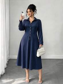 Elenzga Women's Collared Button Striped Long Sleeve Dress, Spring/Autumn Fall - Blue and White - View 3
