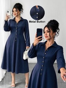 Elenzga Women's Collared Button Striped Long Sleeve Dress, Spring/Autumn Fall - Blue and White - View 1