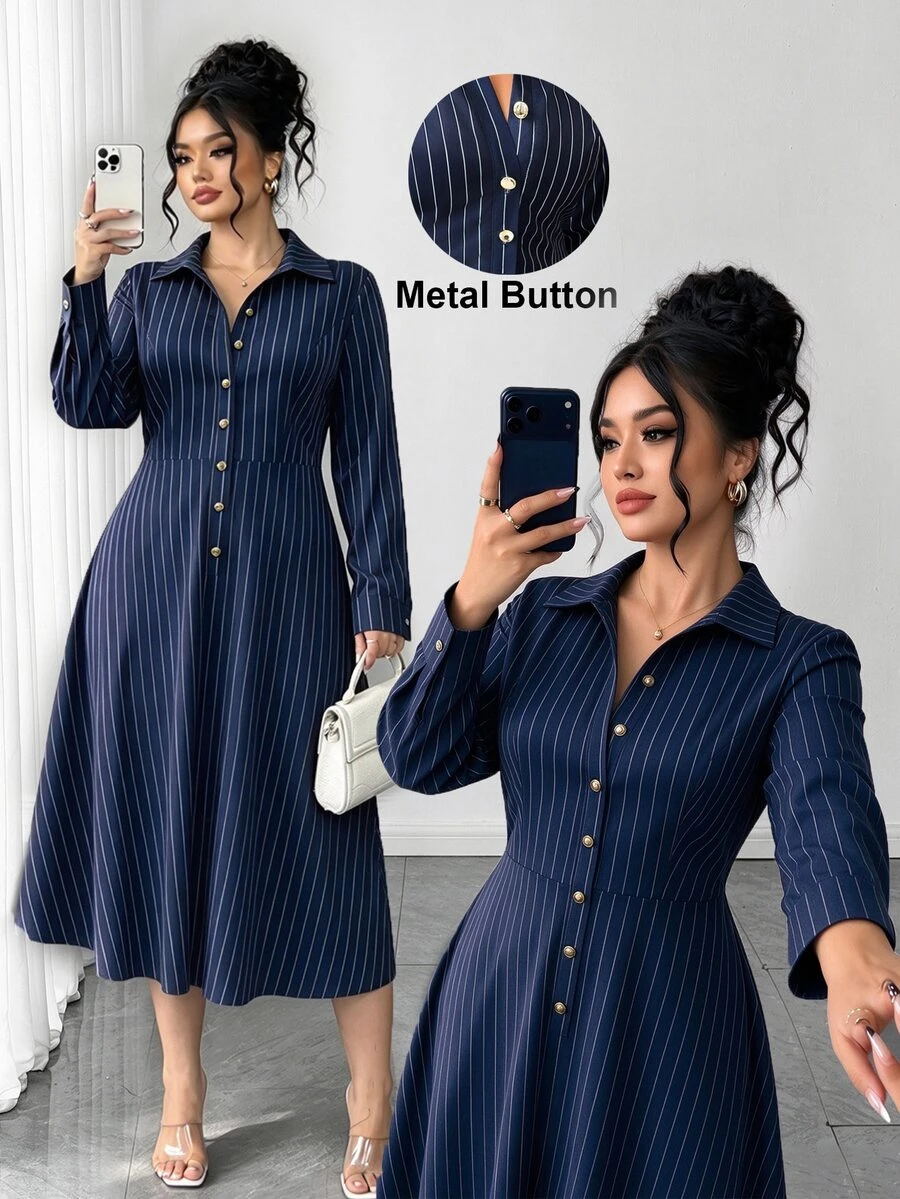 Elenzga Women's Collared Button Striped Long Sleeve Dress, Spring/Autumn Fall - Blue and White - View 1