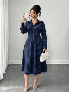 Elenzga Women's Collared Button Striped Long Sleeve Dress, Spring/Autumn Fall - Blue and White - View 5