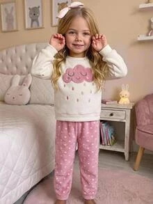 SHEIN Kids Young Girl Young Girls Young Girl Comfortable Cloud Pattern Fashionable Long Sleeve Fleece Pants Set Fall/Winter Outfits - Baby Pink - View 1