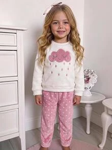 SHEIN Kids Young Girl Young Girls Young Girl Comfortable Cloud Pattern Fashionable Long Sleeve Fleece Pants Set Fall/Winter Outfits - Baby Pink - View 2