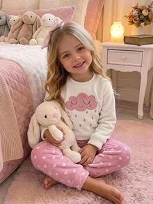 SHEIN Kids Young Girl Young Girls Young Girl Comfortable Cloud Pattern Fashionable Long Sleeve Fleece Pants Set Fall/Winter Outfits - Baby Pink - View 3