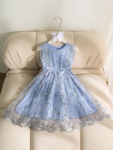 SHEIN Elladie kids Girls' Sweet Ruffle Sleeveless Tank Top Embroidered Tulle Princess Dress, Suitable For Holiday, Vacation, Party, Summer - Baby Blue - View 2
