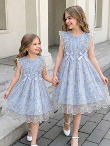 SHEIN Elladie kids Girls' Sweet Ruffle Sleeveless Tank Top Embroidered Tulle Princess Dress, Suitable For Holiday, Vacation, Party, Summer - Baby Blue - View 3