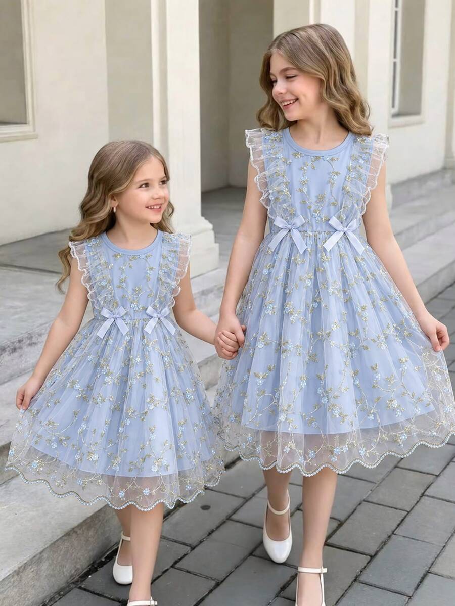 SHEIN Girls' Sweet Ruffle Sleeveless Tank Top Embroidered Tulle Princess Dress, Suitable For Holiday, Vacation, Party, Summer
