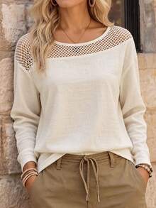 SHEIN Hollow Mesh Patchwork Round Neck Cold Shoulder Long Sleeve Casual Versatile Autumn Women's Shirt - Apricot - View 1