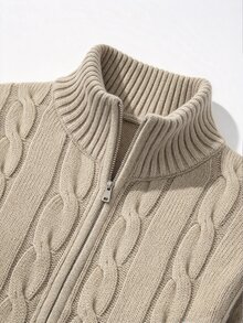 Trelyra Vintage Cable Knit Half-Zip Long Sleeve Sweater - Khaki - View 6