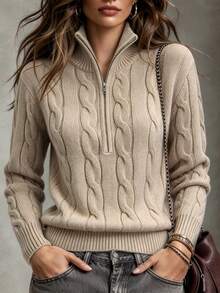 Trelyra Vintage Cable Knit Half-Zip Long Sleeve Sweater - Khaki - View 4