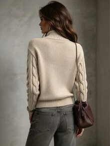 Trelyra Vintage Cable Knit Half-Zip Long Sleeve Sweater - Khaki - View 2