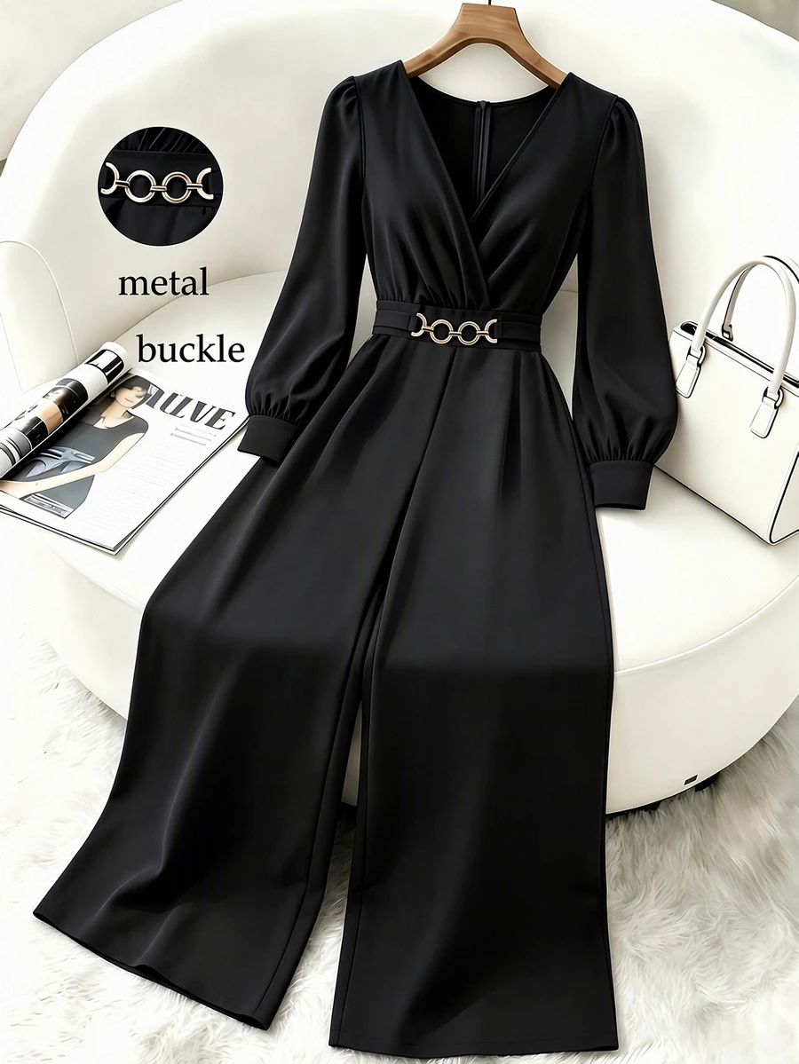 GlowEve CURVE Plus Size Women's Elegant Solid Color V-Neck Puff Long Sleeve Gold Decor Waist Buckle Cinched Wide Leg Jumpsuit, Suitable For Spring/Autumn Commuting And Casual Daily Wear - Black - View 1