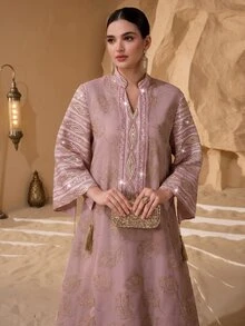 Al Najma Women's Elegant Crafted Fabric Tassel Decor Loose Long Robe - Pink - View 3