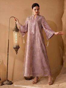Al Najma Women's Elegant Crafted Fabric Tassel Decor Loose Long Robe - Pink - View 4